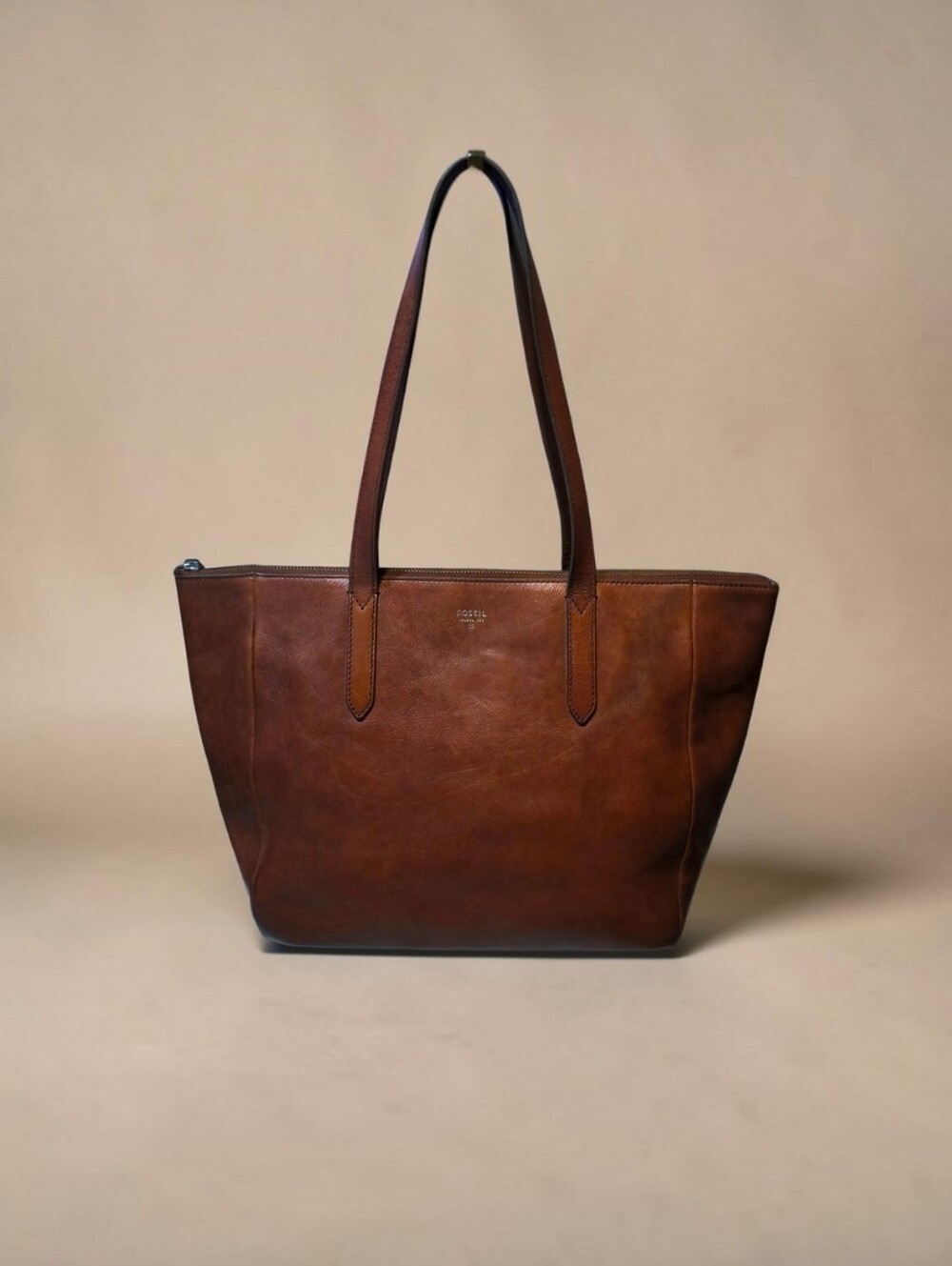 Fossil Sydney Shopper Tote Cognac Brown Leather Zip Top Carryall Pocket Organize - Picture 9 of 9